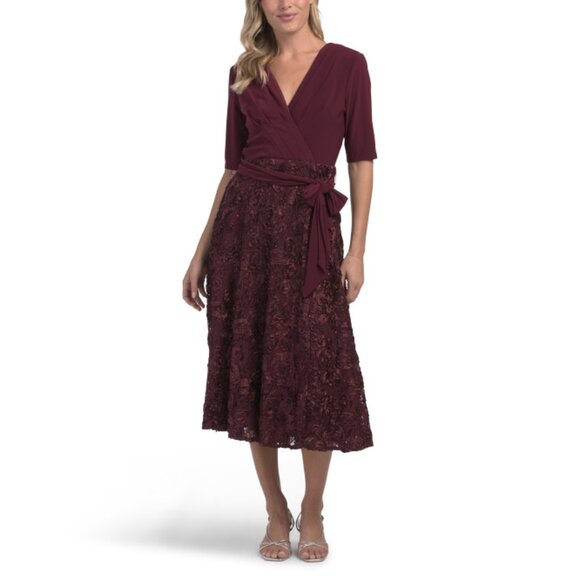 ALEX EVENINGS Merlot Rosette Tea Length Party Dress - Picture 1 of 2